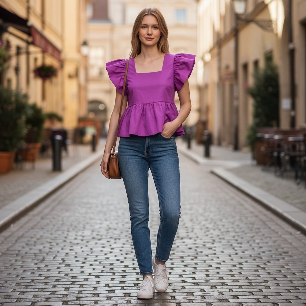 Express Womens Top Purple XSmall Ruffle Sleeve Peplum Square Neck Satiny NWT